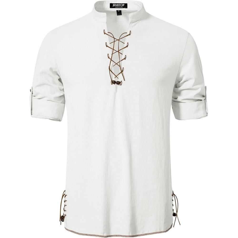 imageMens Cotton Long Sleeve Lace Up Vintage Shirts for Renaissance Pirate Viking Medieval CostumeWhite