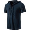JEMITOP Men’s Cotton Vintage Hooded Design Short Sleeve Lace up Shirts for Renaissance Pirate Viking Medieval Costume(Navy Blue)