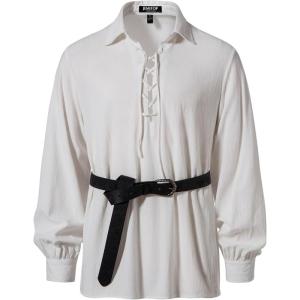 JEMITOP Men’s Cotton Lace Up Retro Design Shirts for Renaissance Pirate Viking Medieval Costume Without Belt(White)