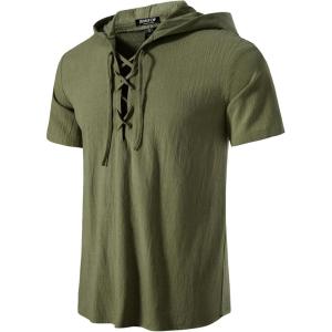 JEMITOP Men’s Cotton Vintage Hooded Design Short Sleeve Lace up Shirts for Renaissance Pirate Viking Medieval Costume(Army Green)
