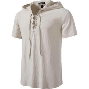 JEMITOP Men’s Cotton Vintage Hooded Design Short Sleeve Lace up Shirts for Renaissance Pirate Viking Medieval Costume(Beige)