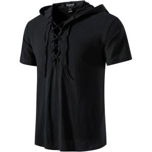 JEMITOP Men’s Cotton Vintage Hooded Design Short Sleeve Lace up Shirts for Renaissance Pirate Viking Medieval Costume(Black)