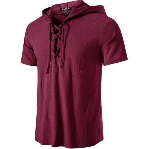 JEMITOP Men’s Cotton Vintage Hooded Design Short Sleeve Lace up Shirts for Renaissance Pirate Viking Medieval Costume(Burgundy)