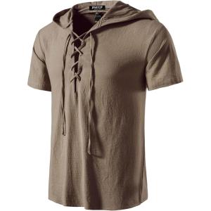 JEMITOP Men’s Cotton Vintage Hooded Design Short Sleeve Lace up Shirts for Renaissance Pirate Viking Medieval Costume(Coffee)
