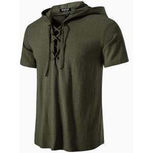 JEMITOP Men’s Cotton Vintage Hooded Design Short Sleeve Lace up Shirts for Renaissance Pirate Viking Medieval Costume(Dark Army Green)