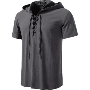 JEMITOP Men’s Cotton Vintage Hooded Design Short Sleeve Lace up Shirts for Renaissance Pirate Viking Medieval Costume(Grey)