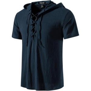 JEMITOP Men’s Cotton Vintage Hooded Design Short Sleeve Lace up Shirts for Renaissance Pirate Viking Medieval Costume(Navy Blue)
