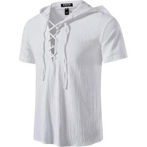 JEMITOP Men’s Cotton Vintage Hooded Design Short Sleeve Lace up Shirts for Renaissance Pirate Viking Medieval Costume(White)