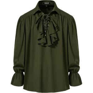 JEMITOP Mens Pirate Vampire Ruffle Shirt Elastic Cuff Poet Victorian Steampunk Renaissance Medieval Cosplay Costume(Army Green)