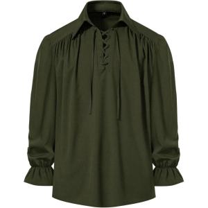 JEMITOP Mens Pirate Vampire Ruffle Shirt Elastic Cuff Poet Victorian Steampunk Renaissance Medieval Cosplay Costume(Army Green-b)