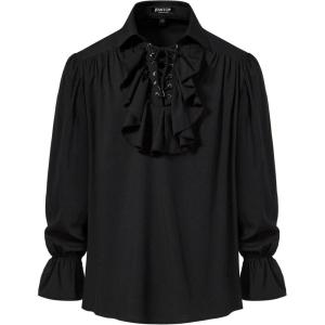 JEMITOP Mens Pirate Vampire Ruffle Shirt Elastic Cuff Poet Victorian Steampunk Renaissance Medieval Cosplay Costume(Black)