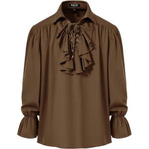 JEMITOP Mens Pirate Vampire Ruffle Shirt Elastic Cuff Poet Victorian Steampunk Renaissance Medieval Cosplay Costume(Brown)