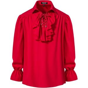 JEMITOP Mens Pirate Vampire Ruffle Shirt Elastic Cuff Poet Victorian Steampunk Renaissance Medieval Cosplay Costume(Red)