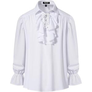 JEMITOP Mens Pirate Vampire Ruffle Shirt Elastic Cuff Poet Victorian Steampunk Renaissance Medieval Cosplay Costume(White)