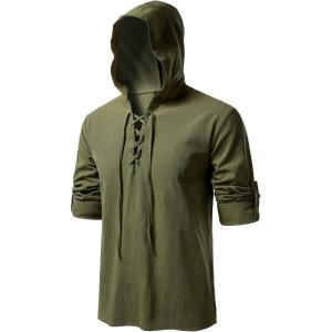 JEMITOP Men’s Pure Cotton Retro Style Lace Up Hooded Shirts for Renaissance Pirate Viking Medieval Costume(Army Green)