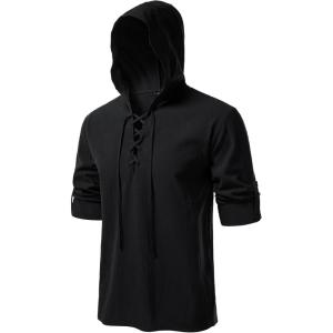 JEMITOP Men’s Pure Cotton Retro Style Lace Up Hooded Shirts for Renaissance Pirate Viking Medieval Costume(Black)