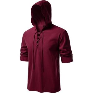JEMITOP Men’s Pure Cotton Retro Style Lace Up Hooded Shirts for Renaissance Pirate Viking Medieval Costume(Burgundy)