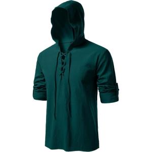 JEMITOP Men’s Pure Cotton Retro Style Lace Up Hooded Shirts for Renaissance Pirate Viking Medieval Costume(Dark Green)