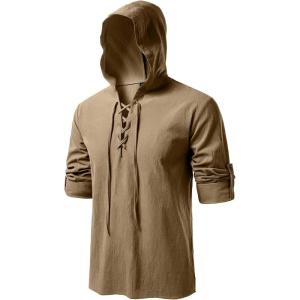 JEMITOP Men’s Pure Cotton Retro Style Lace Up Hooded Shirts for Renaissance Pirate Viking Medieval Costume(Dark Khaki)
