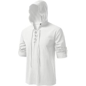 JEMITOP Men’s Pure Cotton Retro Style Lace Up Hooded Shirts for Renaissance Pirate Viking Medieval Costume(Ivory White)