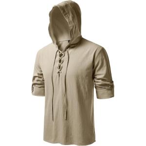 JEMITOP Men’s Pure Cotton Retro Style Lace Up Hooded Shirts for Renaissance Pirate Viking Medieval Costume(Khaki)