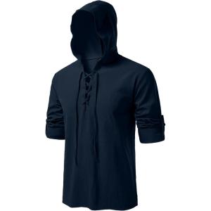 JEMITOP Men’s Pure Cotton Retro Style Lace Up Hooded Shirts for Renaissance Pirate Viking Medieval Costume(Navy Blue)