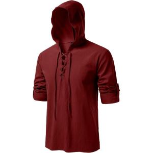 JEMITOP Men’s Pure Cotton Retro Style Lace Up Hooded Shirts for Renaissance Pirate Viking Medieval Costume(Rust Red)