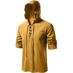 JEMITOP Men’s Pure Cotton Retro Style Lace Up Hooded Shirts for Renaissance Pirate Viking Medieval Costume(Yellow)