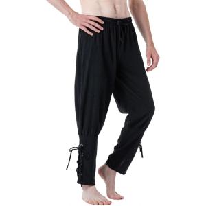 JEMITOP Men’s Pure Cotton Vintage Ankle Banded Pants for Renaissance Pirate Viking Medieval Costume(Black)
