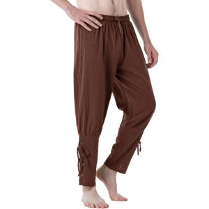 JEMITOP Men’s Pure Cotton Vintage Ankle Banded Pants for Renaissance Pirate Viking Medieval Costume(Brown)