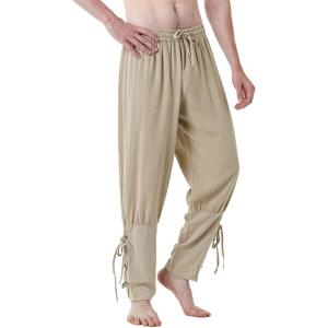 JEMITOP Men’s Pure Cotton Vintage Ankle Banded Pants for Renaissance Pirate Viking Medieval Costume(Khaki)