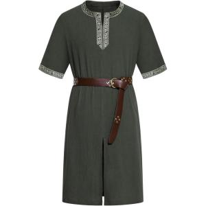 JEMITOP Men’s Retro Style Cotton Short Sleeves Tunic Shirts for Viking Medieval Renaissance Costume Without Belt(Army Green)