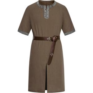 JEMITOP Men’s Retro Style Cotton Short Sleeves Tunic Shirts for Viking Medieval Renaissance Costume Without Belt(Coffee)