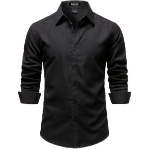 JEMITOP Mens Stretch Vintage Slim Fit Button Down Shirts Business Casual Long Sleeve Dress Shirt(Black)