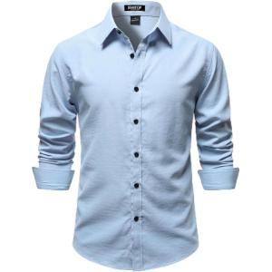 JEMITOP Mens Stretch Vintage Slim Fit Button Down Shirts Business Casual Long Sleeve Dress Shirt(Blue)
