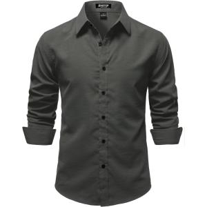 JEMITOP Mens Stretch Vintage Slim Fit Button Down Shirts Business Casual Long Sleeve Dress Shirt(Dark Grey)