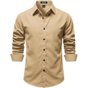 JEMITOP Mens Stretch Vintage Slim Fit Button Down Shirts Business Casual Long Sleeve Dress Shirt(Khaki Yellow)