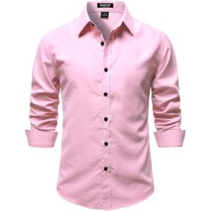 JEMITOP Mens Stretch Vintage Slim Fit Button Down Shirts Business Casual Long Sleeve Dress Shirt(Pink)