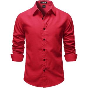 JEMITOP Mens Stretch Vintage Slim Fit Button Down Shirts Business Casual Long Sleeve Dress Shirt(Red)