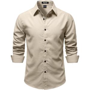 JEMITOP Mens Stretch Vintage Slim Fit Button Down Shirts Business Casual Long Sleeve Dress Shirt(Tan)