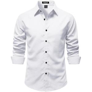 JEMITOP Mens Stretch Vintage Slim Fit Button Down Shirts Business Casual Long Sleeve Dress Shirt(White)