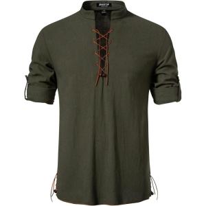 Men’s Cotton Long Sleeve Lace Up Vintage Shirts for Renaissance Pirate Viking Medieval Costume(Army Green)