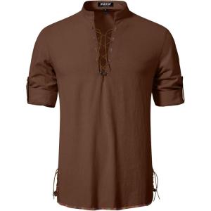 Men’s Cotton Long Sleeve Lace Up Vintage Shirts for Renaissance Pirate Viking Medieval Costume(Brown)