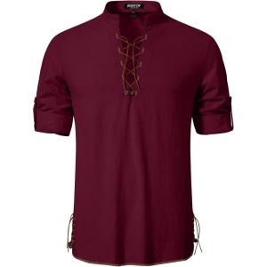 Men’s Cotton Long Sleeve Lace Up Vintage Shirts for Renaissance Pirate Viking Medieval Costume(Burgundy)