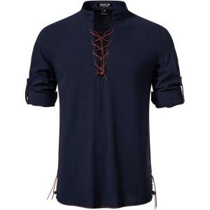 Men’s Cotton Long Sleeve Lace Up Vintage Shirts for Renaissance Pirate Viking Medieval Costume(Dark Blue)