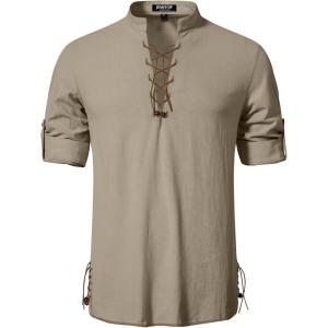Men’s Cotton Long Sleeve Lace Up Vintage Shirts for Renaissance Pirate Viking Medieval Costume(Khaki)