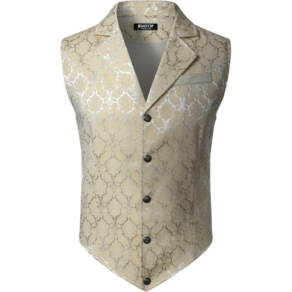 imageJEMITOP Mens Vintage Gothic Steampunk Victorian Suit Vest Jacquard Slim Fit Sleeveless WaistcoatBeige