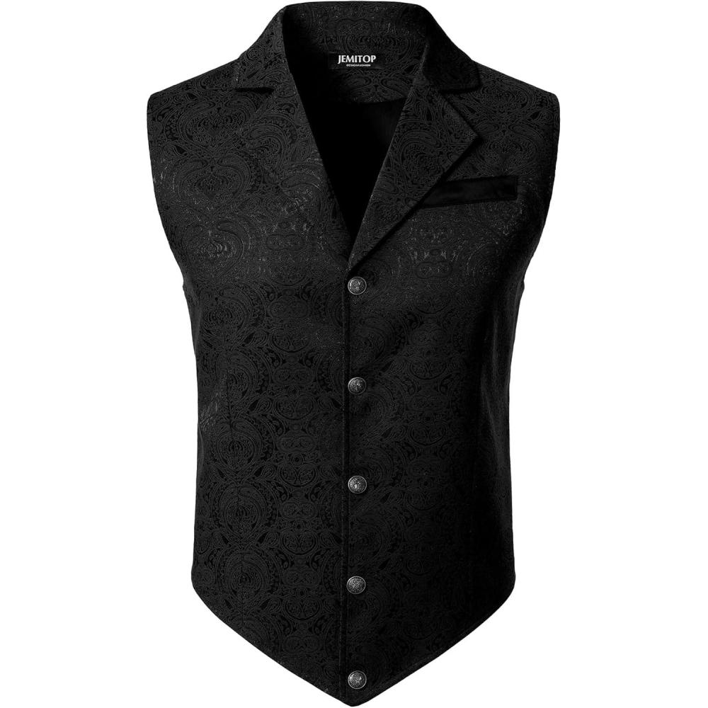 imageJEMITOP Mens Vintage Gothic Steampunk Victorian Suit Vest Jacquard Slim Fit Sleeveless WaistcoatBlack