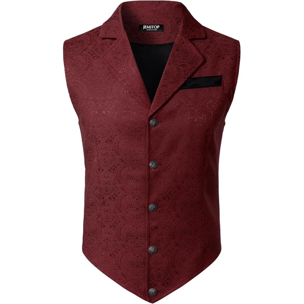 imageJEMITOP Mens Vintage Gothic Steampunk Victorian Suit Vest Jacquard Slim Fit Sleeveless WaistcoatBurgundy