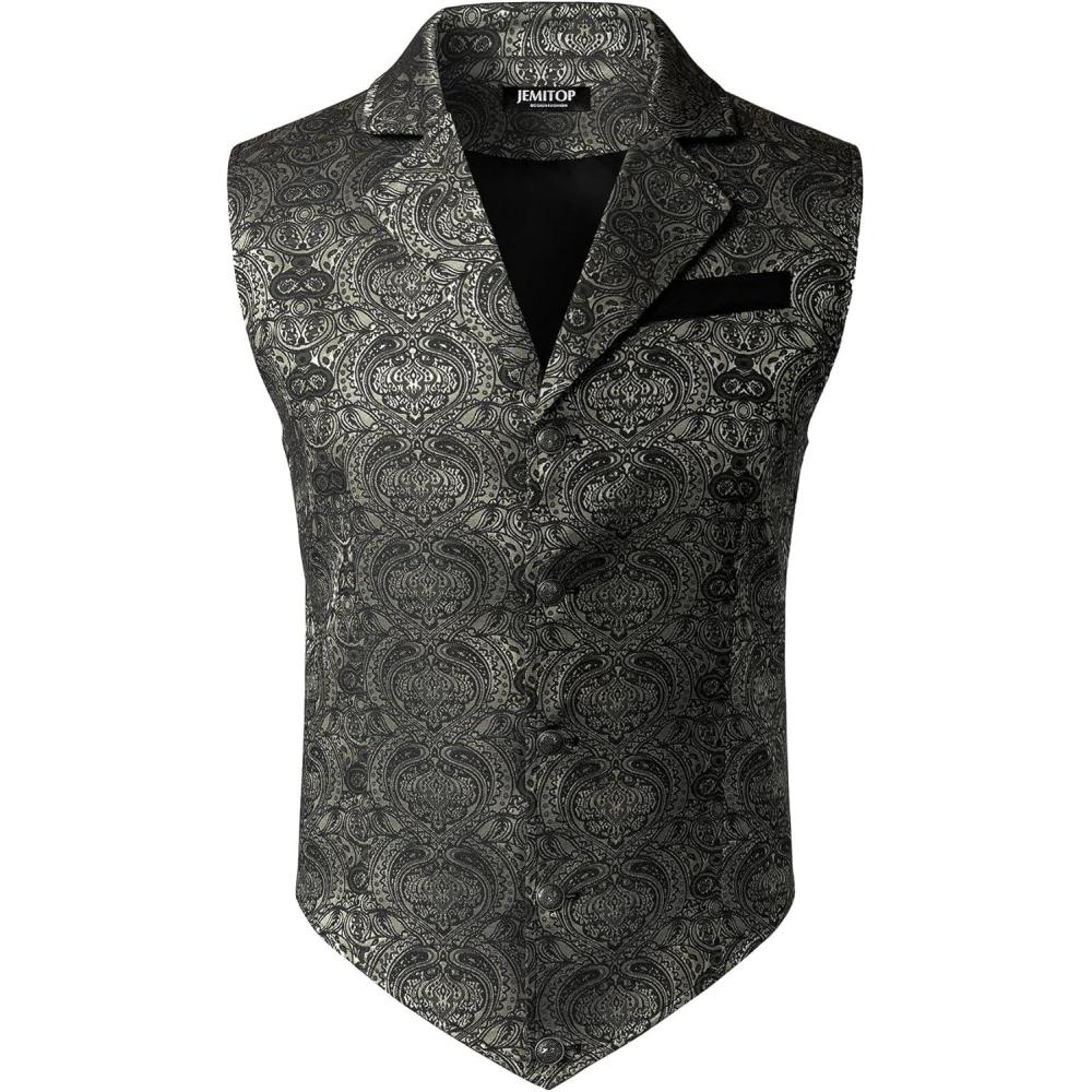 imageJEMITOP Mens Vintage Gothic Steampunk Victorian Suit Vest Jacquard Slim Fit Sleeveless WaistcoatDark Silver Black Jacquard